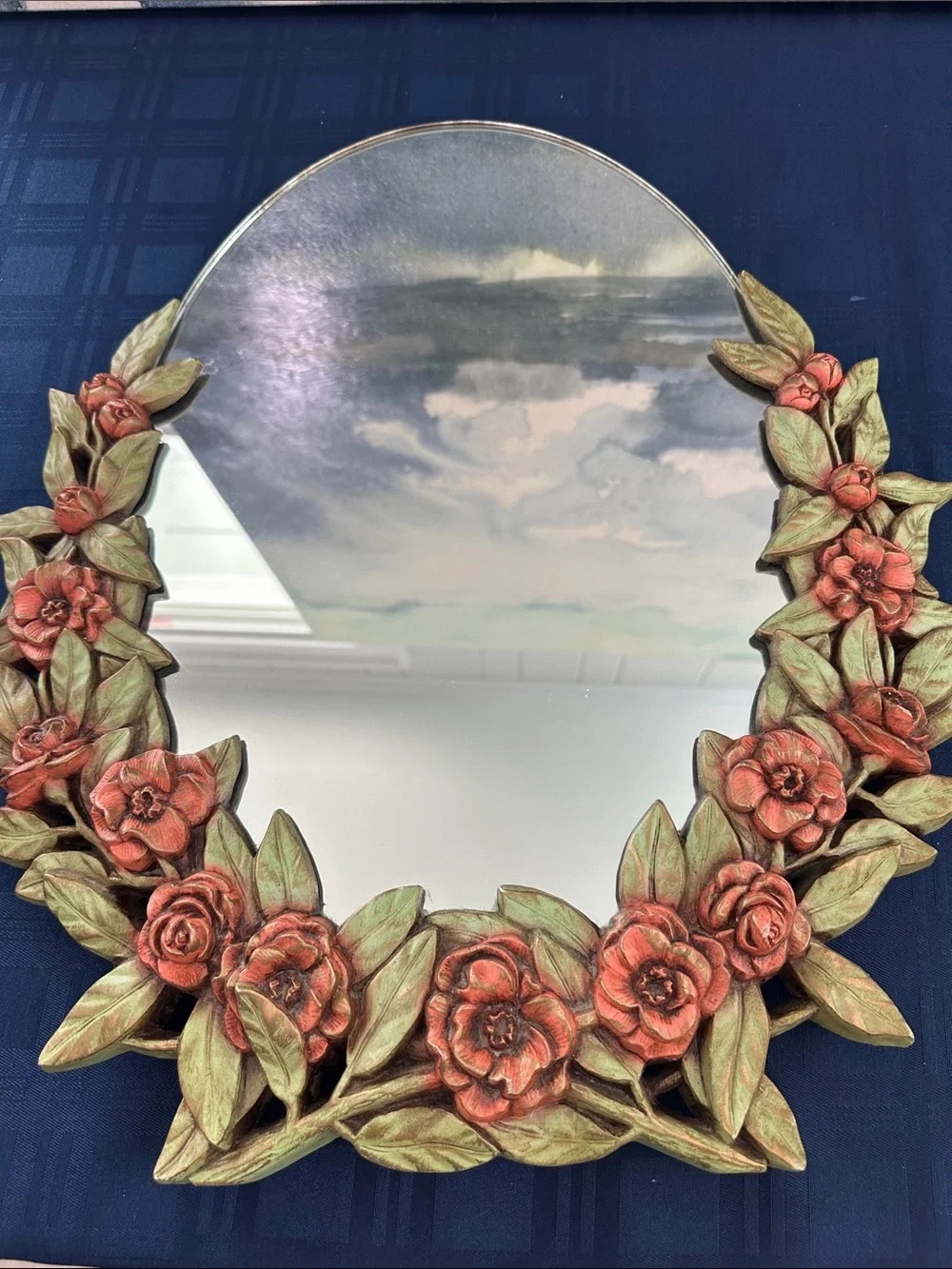 Vintage 19 in Floral Leaf Decorative Mirror on a stand  - Pink Gilded Roses